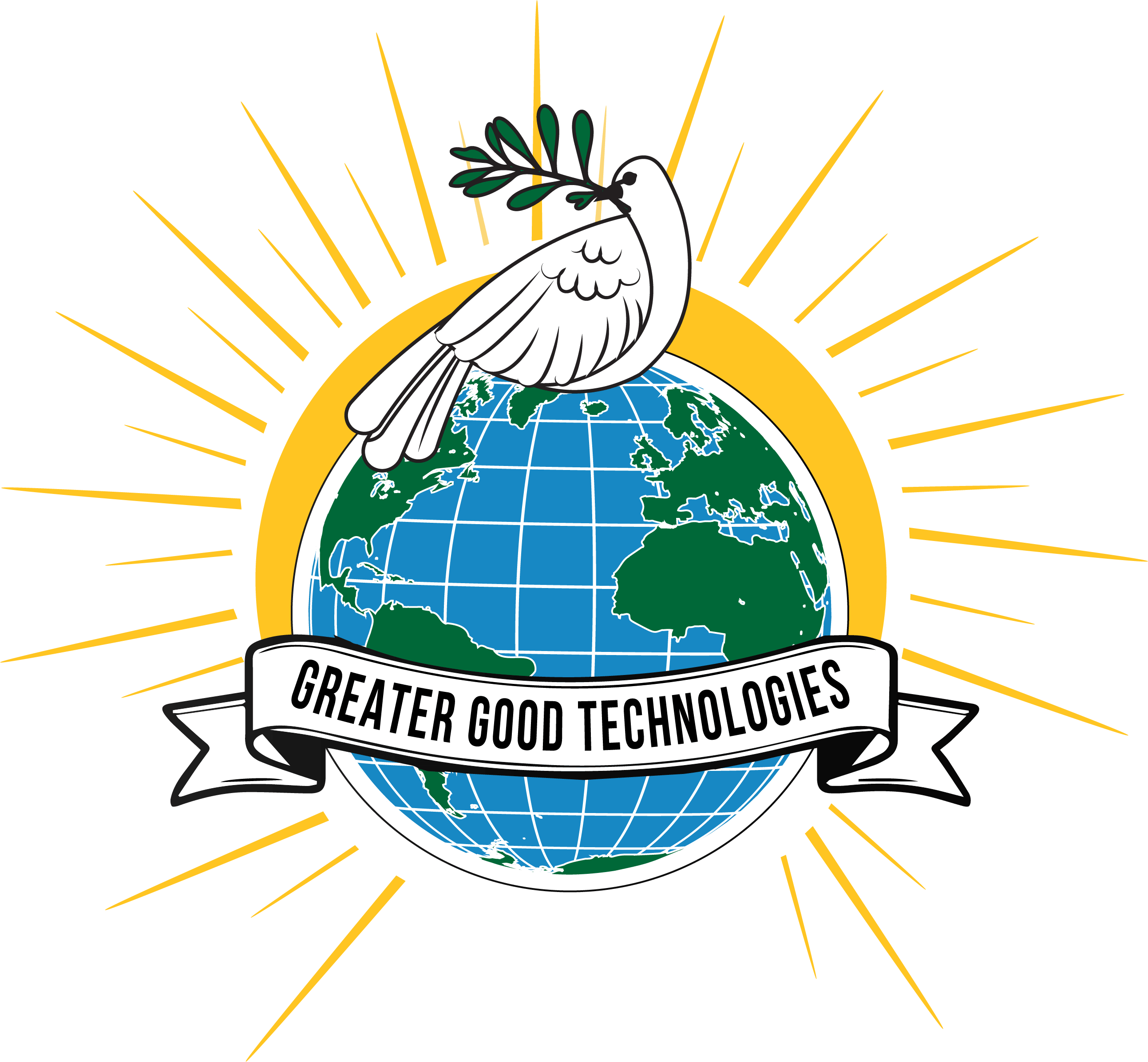 A white dove holding an olive branch perched on a globe with a radiant sun behind it.