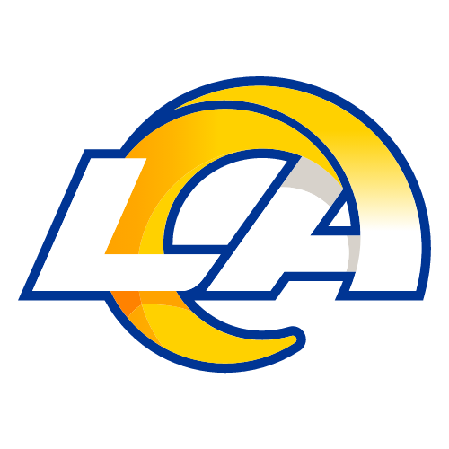 LA logo with dynamic yellow swirl on blue background.