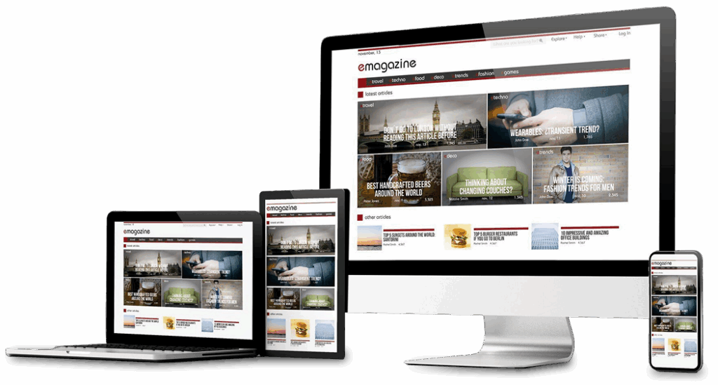 Responsive website displayed on multiple devices including desktop, tablet, and smartphone.