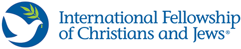 Logo of International Fellowship of Christians and Jews with a white dove.