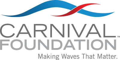 Logo with blue and red waves above text.