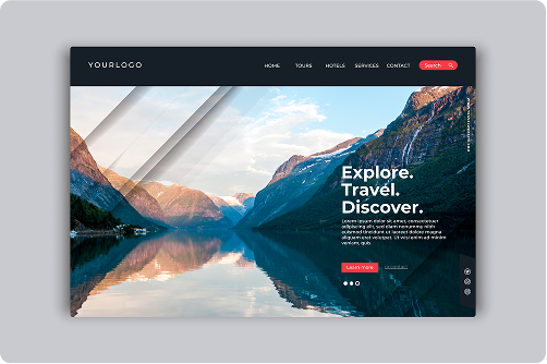 Scenic travel website homepage with lake and mountain view.