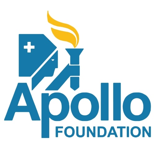 Logo of Apollo Foundation with medical symbols and a flame.